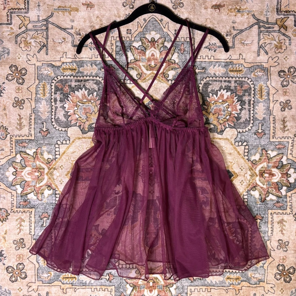Victorias Secret Plum Purple Lace Mesh Babydoll Chemise L Large NWT Lingerie